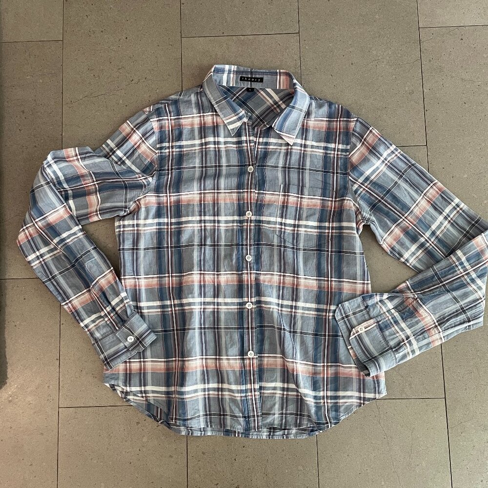 Theory Kenola Audrey Cotton Blue/White Plaid Shirt Blouse-Med/Large